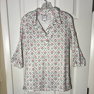Catherine Wingate NWOT golf shirt button 3/4 sleeve pink green floral collar XL